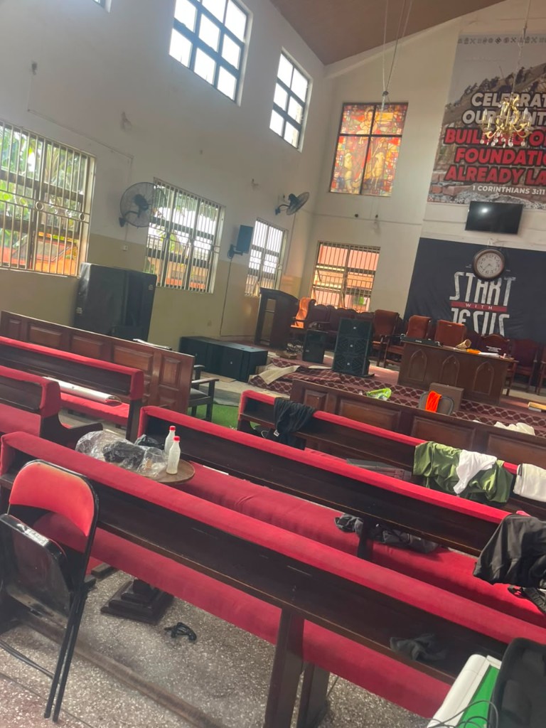 Professional PA speakers set up in a church sanctuary